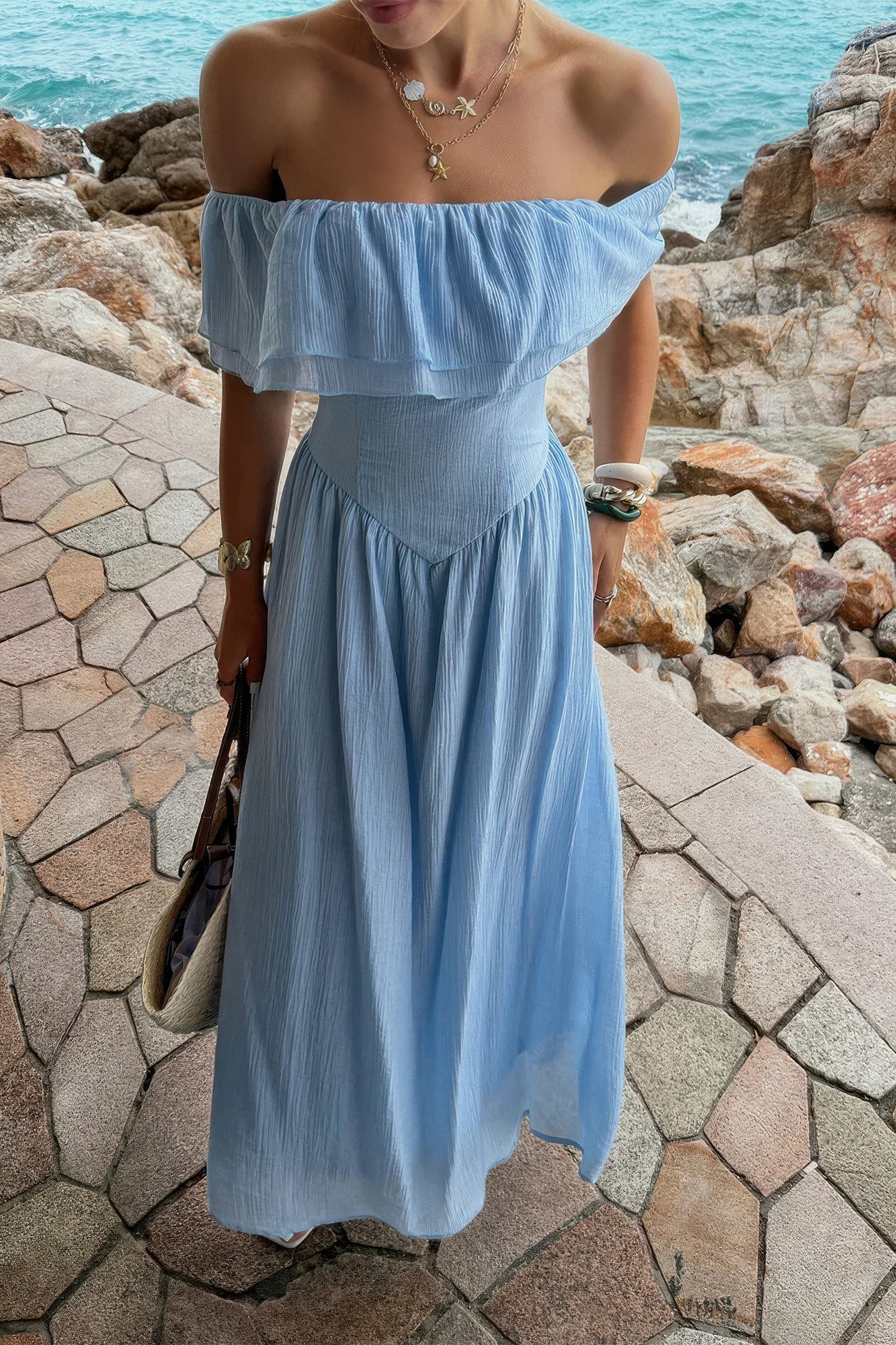 Solid Off Shoulder Corset Ruffle Long Dress
