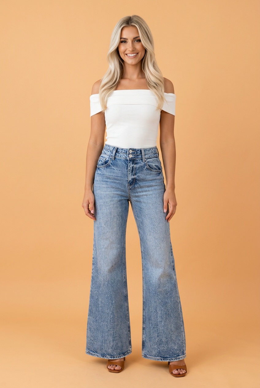 Acid Wash High-Rise Flare Jeans