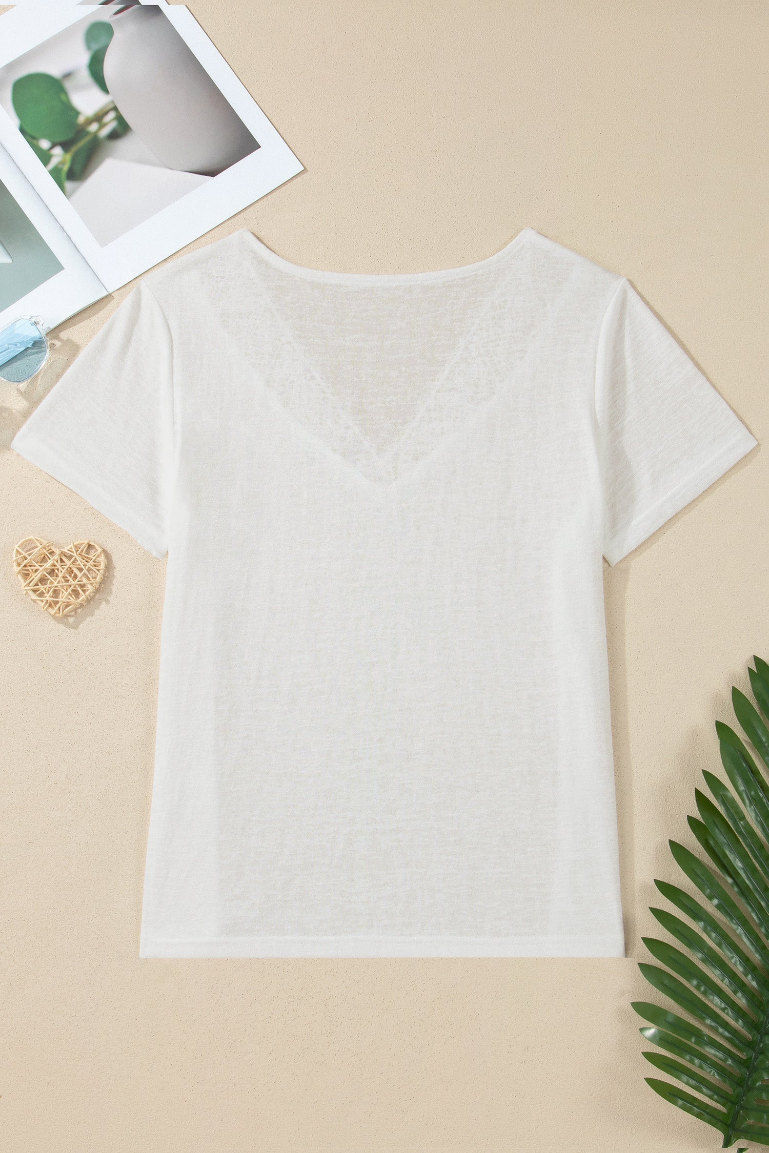 Solid Hollowed Lace Trim V-Neck T-Shirt