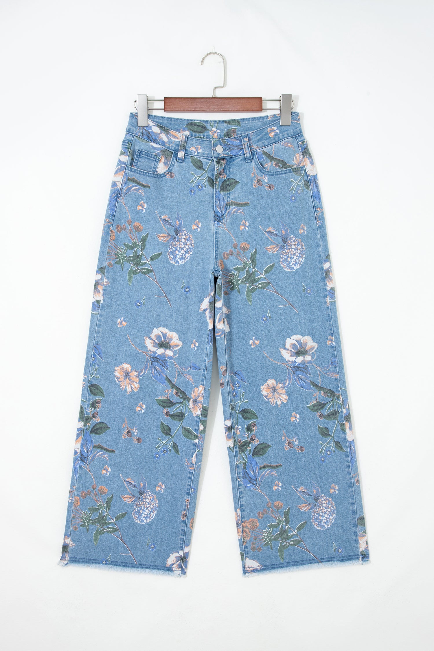 Floral Print Frayed Hem Ankle Jeans