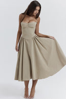 Women's Retro Pleated Solid Color Midi Dress | ZAKAPOP