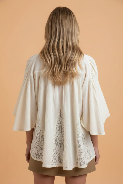Lace Patchwork Flowy Shirt with 3/4 Sleeves