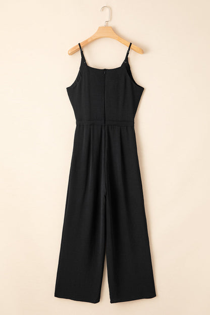 Solid Spaghetti Strap Wide Leg Drawstring Jumpsuit