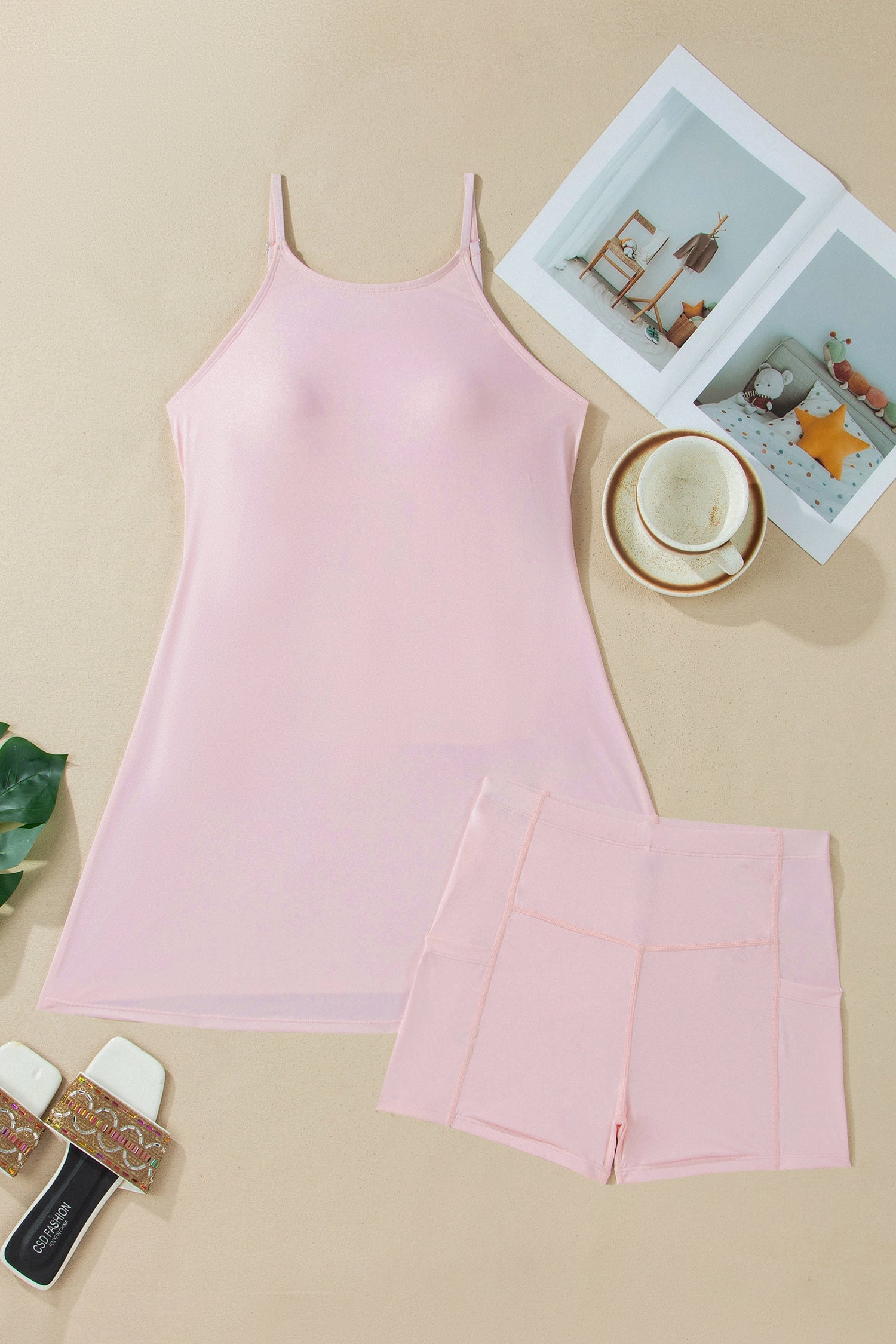 Solid Tunic Tank Dress &amp; Shorts Athletic Set