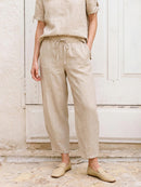 100% Linen Drawstring Waist Tapered Cropped Pants LANEY