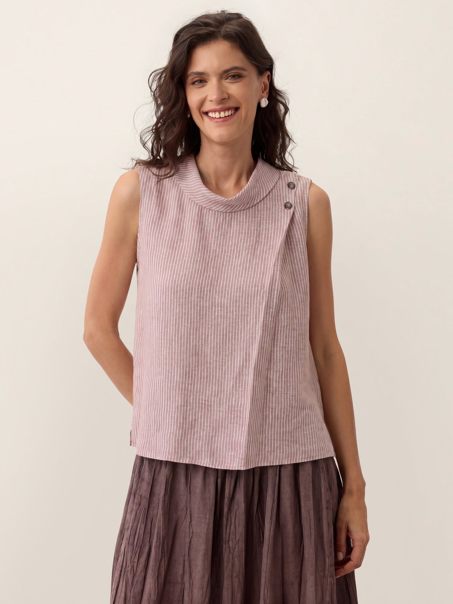 100% Linen Striped Diagonal Pleat Mock Neck Top ESTHER