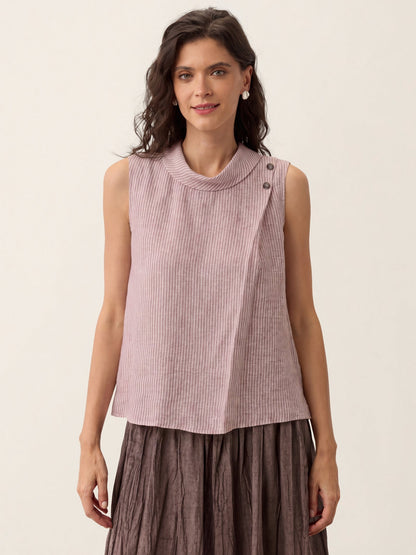 100% Linen Striped Diagonal Pleat Mock Neck Top ESTHER