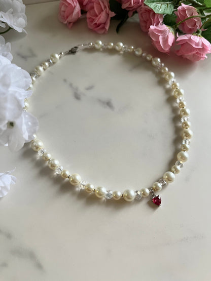 Silver Necklace Heart Pendant Glass &amp; Pearl