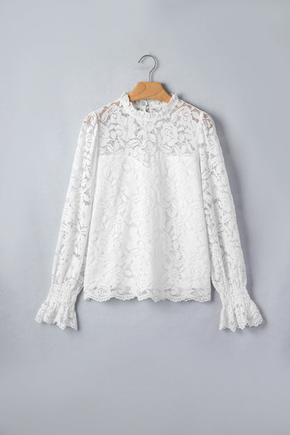 Lace Ruffle Round Neck Flounce Sleeve Blouse