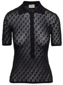 Gucci Women Black Polo Shirt With Button Closure And Gg Motif In Cotton And Silk Blend Woman