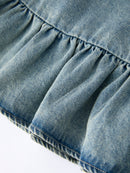 Girls Denim Ruffle Trim A-Line Dress