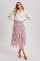 Spiral Ruffled Tulle Midi Skirt