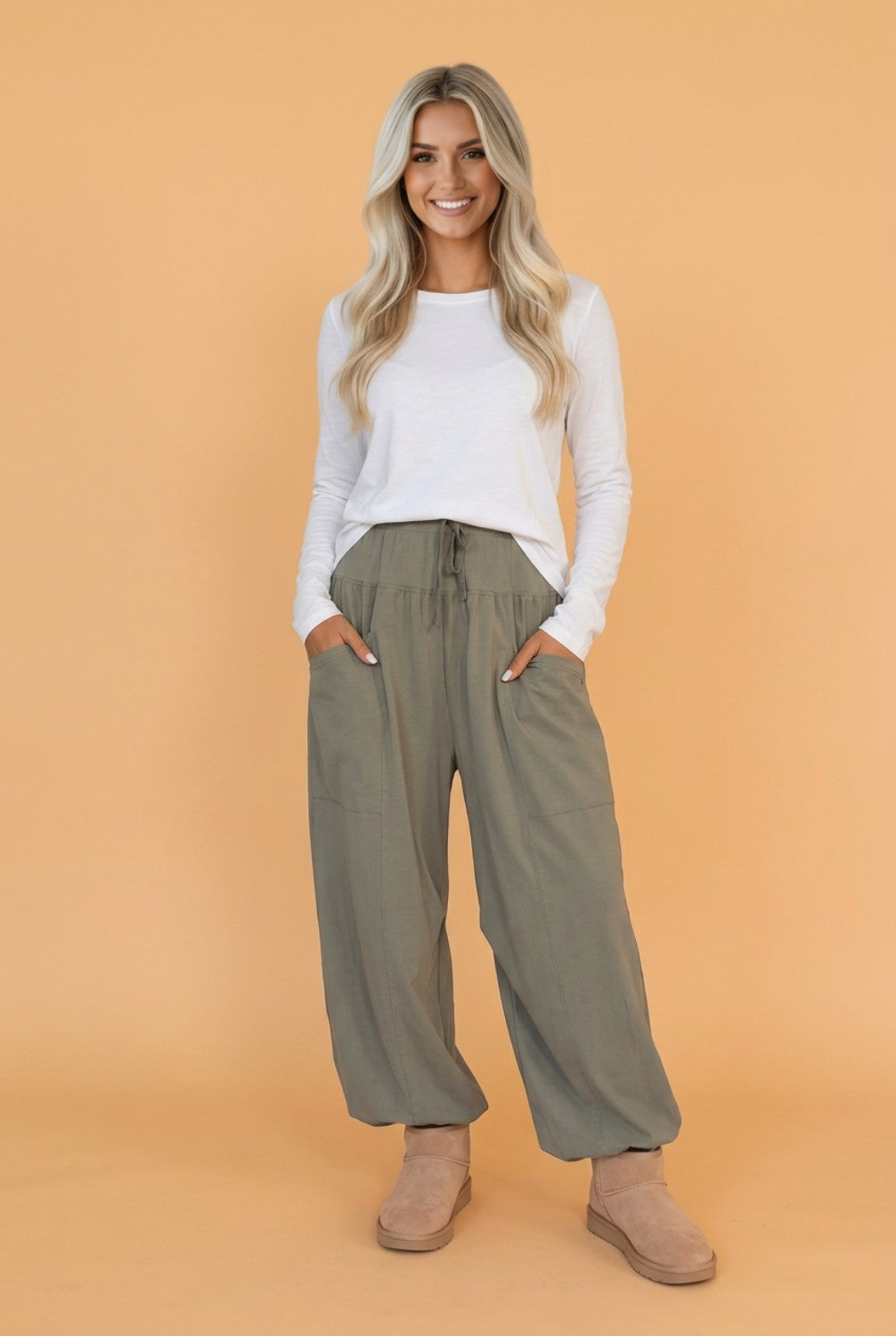 Drawstring Elastic Waist Wide Leg Pants