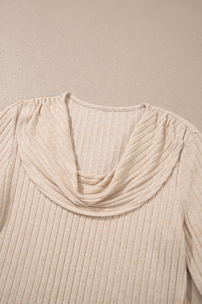 Solid Ribbed Knit Cowl Neck Long Sleeve Top
