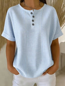 Women's Cotton Linen Striped T-Shirt – V-Neck, Button Detail, Loose Fit