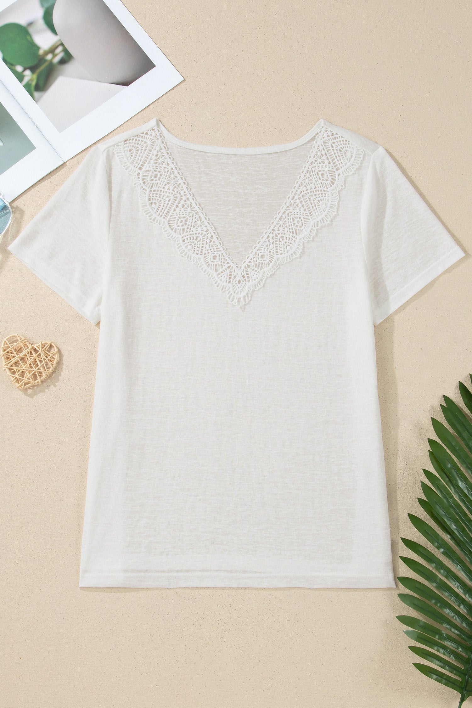 Solid Hollowed Lace Trim V-Neck T-Shirt