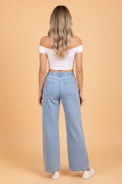 Solid Denim Barrel Jeans with Square Patch Pockets