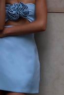 3D Floral Embellished Sexy Strapless Backless Mini Dress - Blue | ZAKAPOP
