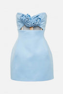 3D Floral Embellished Sexy Strapless Backless Mini Dress - Blue | ZAKAPOP