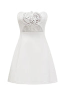 3D Floral Embellished Sexy Strapless Backless Mini Dress - White | ZAKAPOP