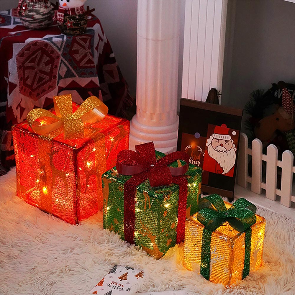 3 Pieces Foldable Christmas Decorations Lighted Gift Boxes with Multi-Color String Lights | ZAKAPOP