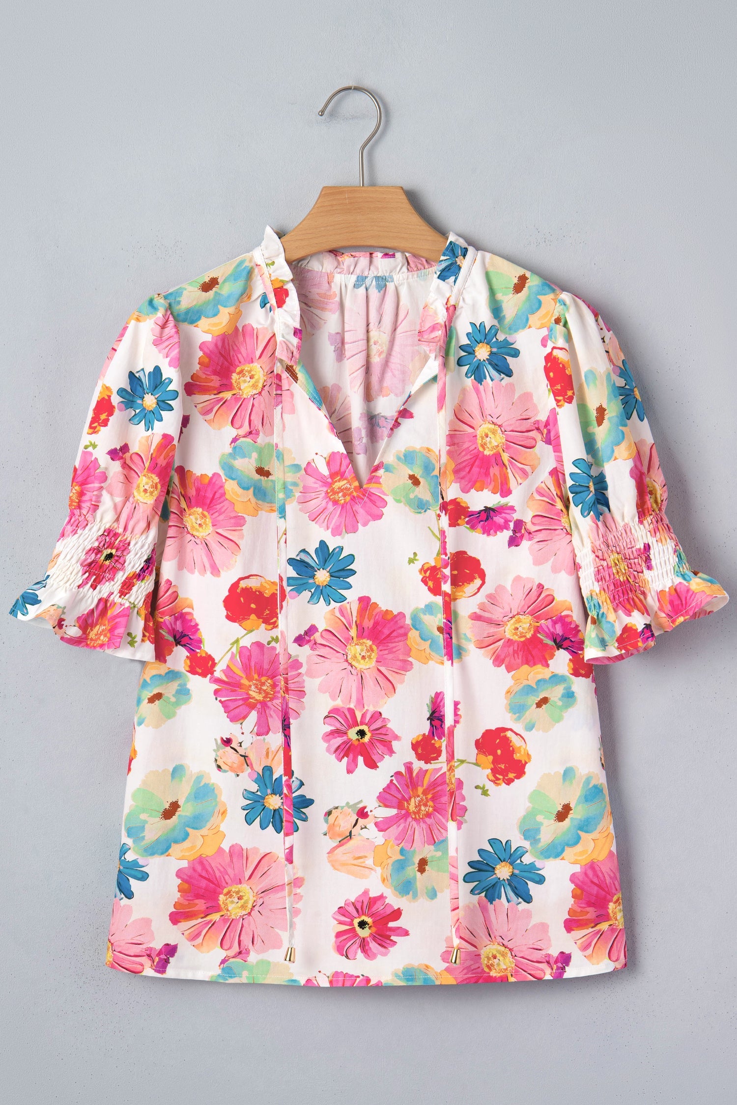 Floral Tie V-Neck Puff Sleeve Blouse