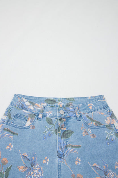 Floral Print Frayed Hem Ankle Jeans
