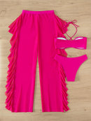 3pack Criss Cross Halter Bikini Swimsuit & Cover Up Pants | ZAKAPOP