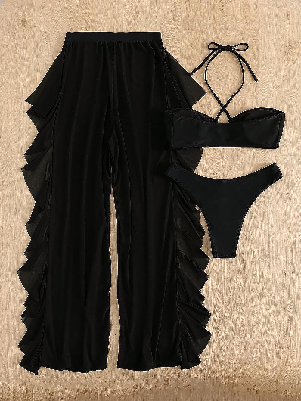 3pack Criss Cross Halter Bikini Swimsuit & Cover Up Pants | ZAKAPOP