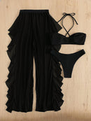 3pack Criss Cross Halter Bikini Swimsuit & Cover Up Pants | ZAKAPOP
