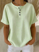 Women's Cotton Linen Striped T-Shirt – V-Neck, Button Detail, Loose Fit