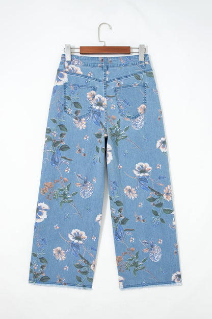 Floral Print Frayed Hem Ankle Jeans