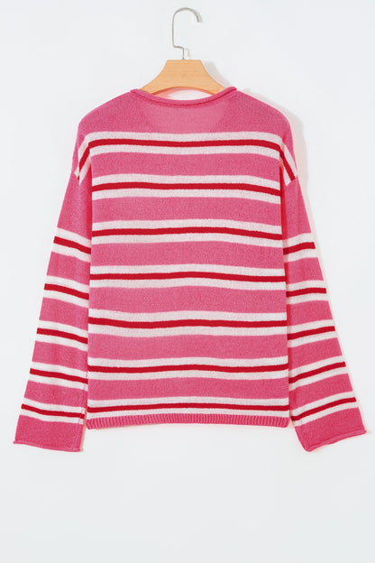 Stripe Drop Shoulder Buttoned Knit Cardigan