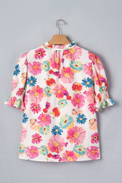 Floral Tie V-Neck Puff Sleeve Blouse