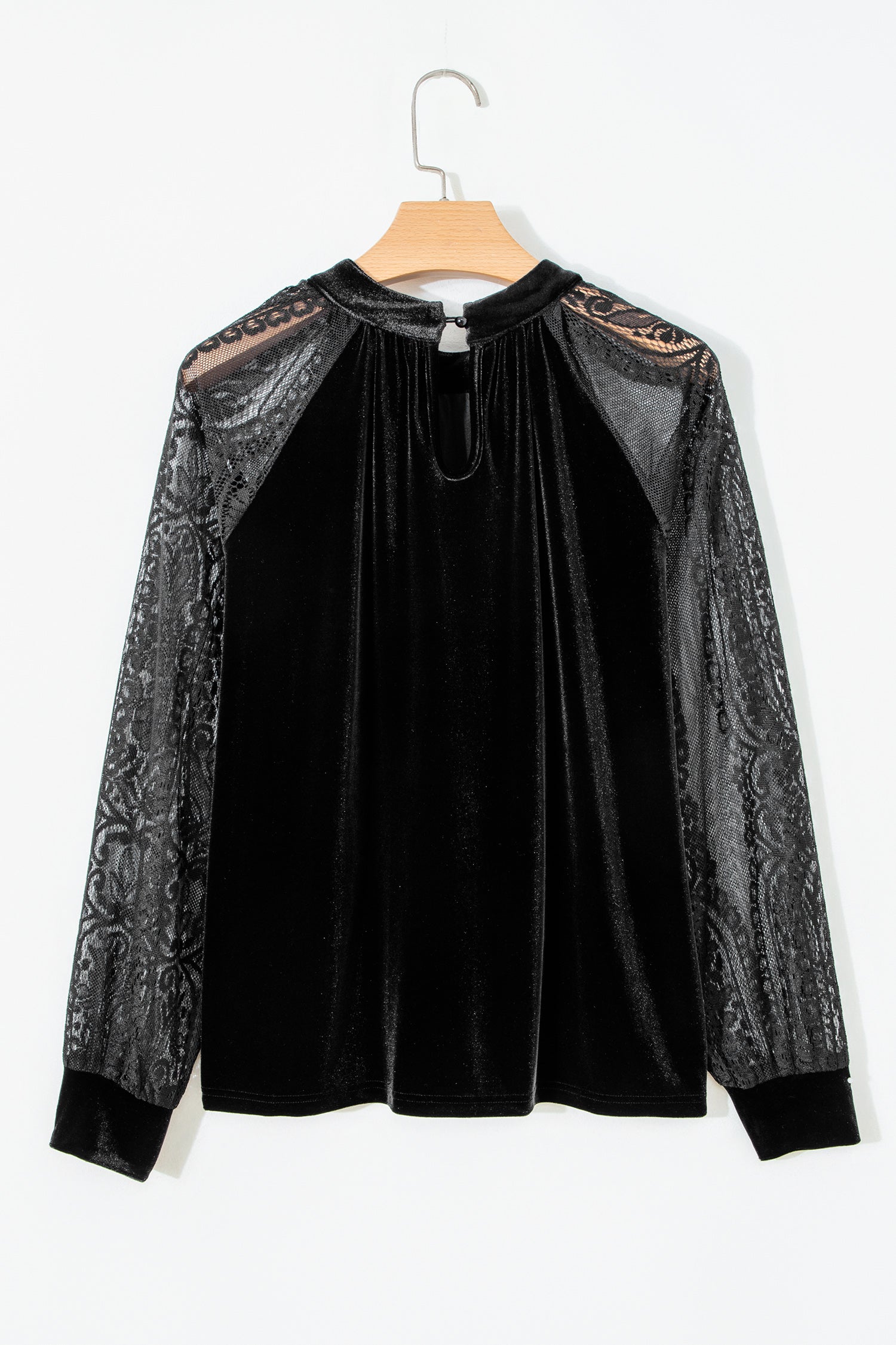 Velvet &amp; Sheer Lace Long Sleeve Blouse