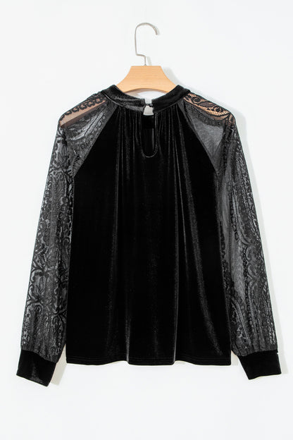 Velvet &amp; Sheer Lace Long Sleeve Blouse