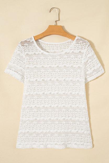 Solid Sheer Lace Short Sleeve Top