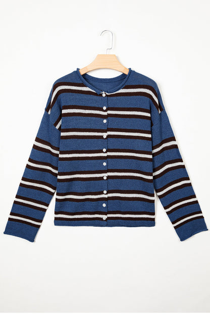 Stripe Drop Shoulder Buttoned Knit Cardigan