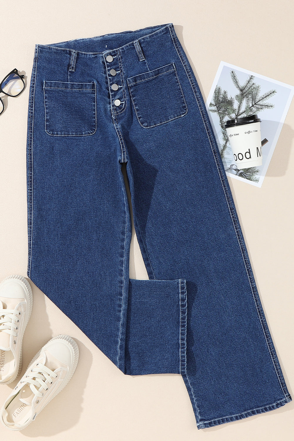 Buttoned High Waist Wide Leg Cropped Jeans