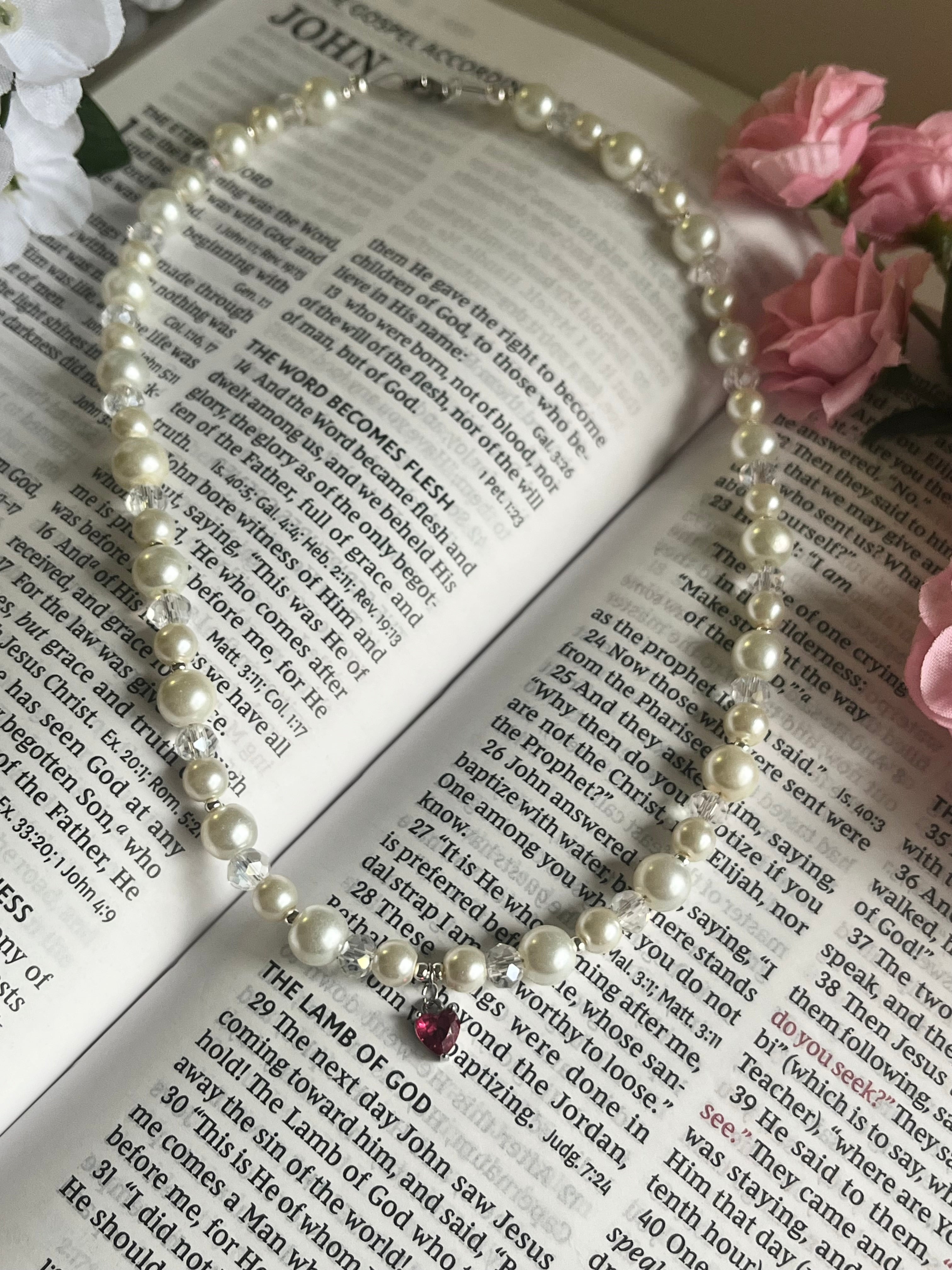 Silver Necklace Heart Pendant Glass &amp; Pearl