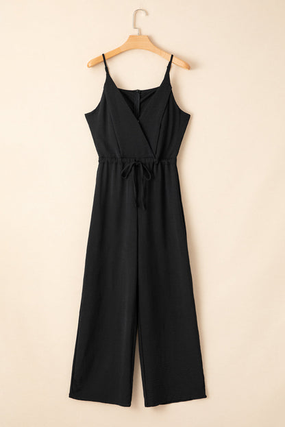 Solid Spaghetti Strap Wide Leg Drawstring Jumpsuit