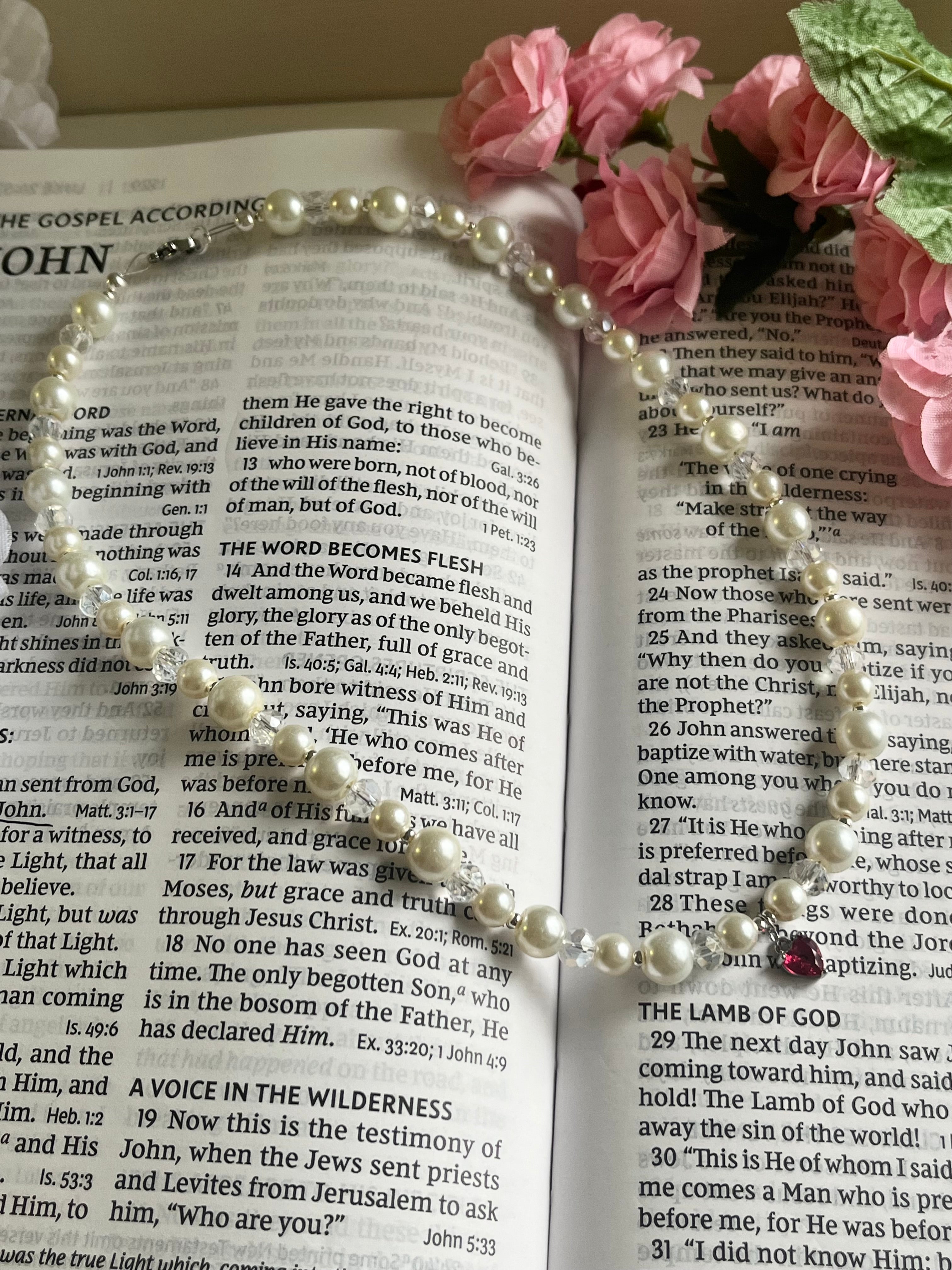 Silver Necklace Heart Pendant Glass &amp; Pearl