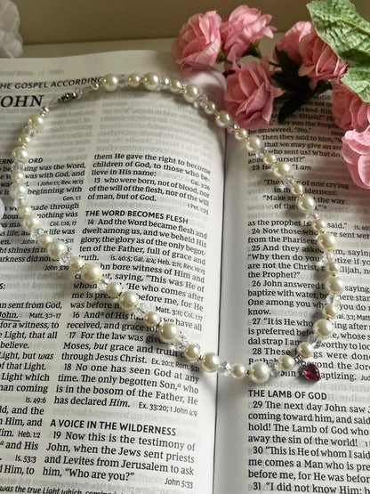 Silver Necklace Heart Pendant Glass &amp; Pearl