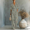 Women's Waist-Cinched V-Neck Printed Wide-Leg Jumpsuit