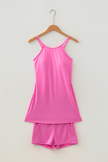 Solid Tunic Tank Dress &amp; Shorts Athletic Set