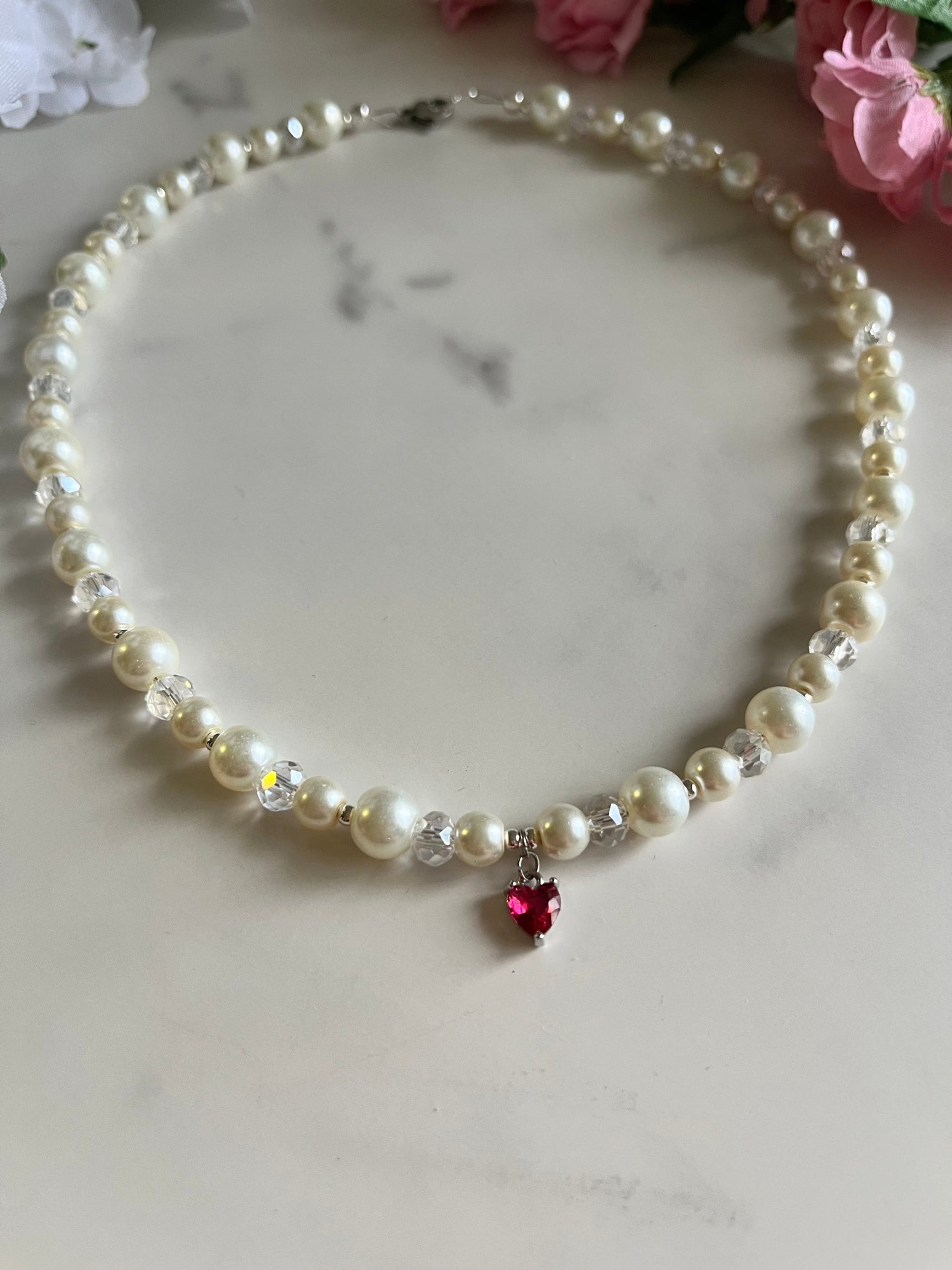Silver Necklace Heart Pendant Glass &amp; Pearl