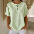 Women's Cotton Linen Striped T-Shirt – V-Neck, Button Detail, Loose Fit