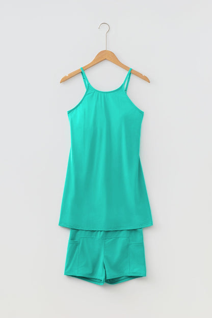 Solid Tunic Tank Dress &amp; Shorts Athletic Set