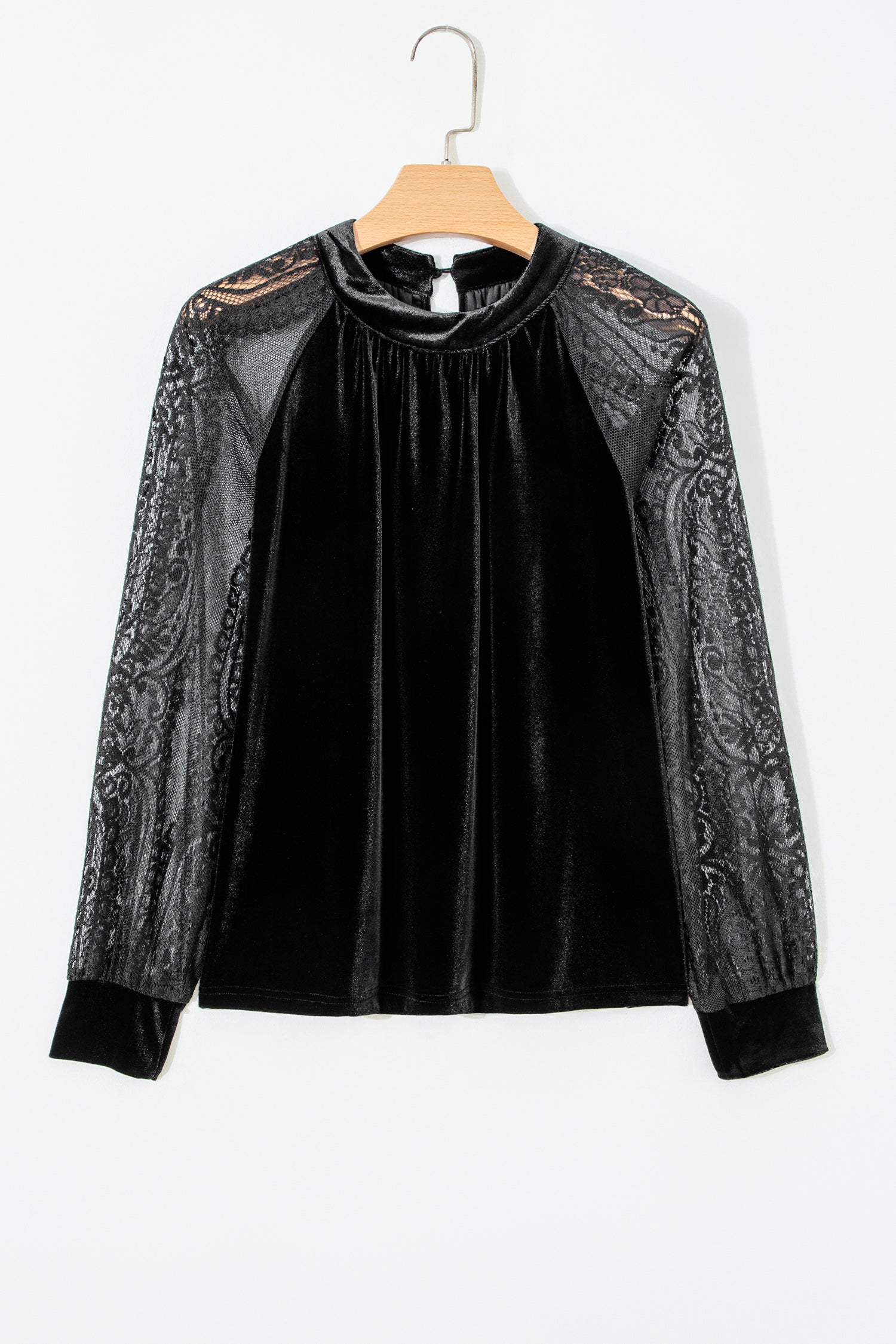 Velvet &amp; Sheer Lace Long Sleeve Blouse