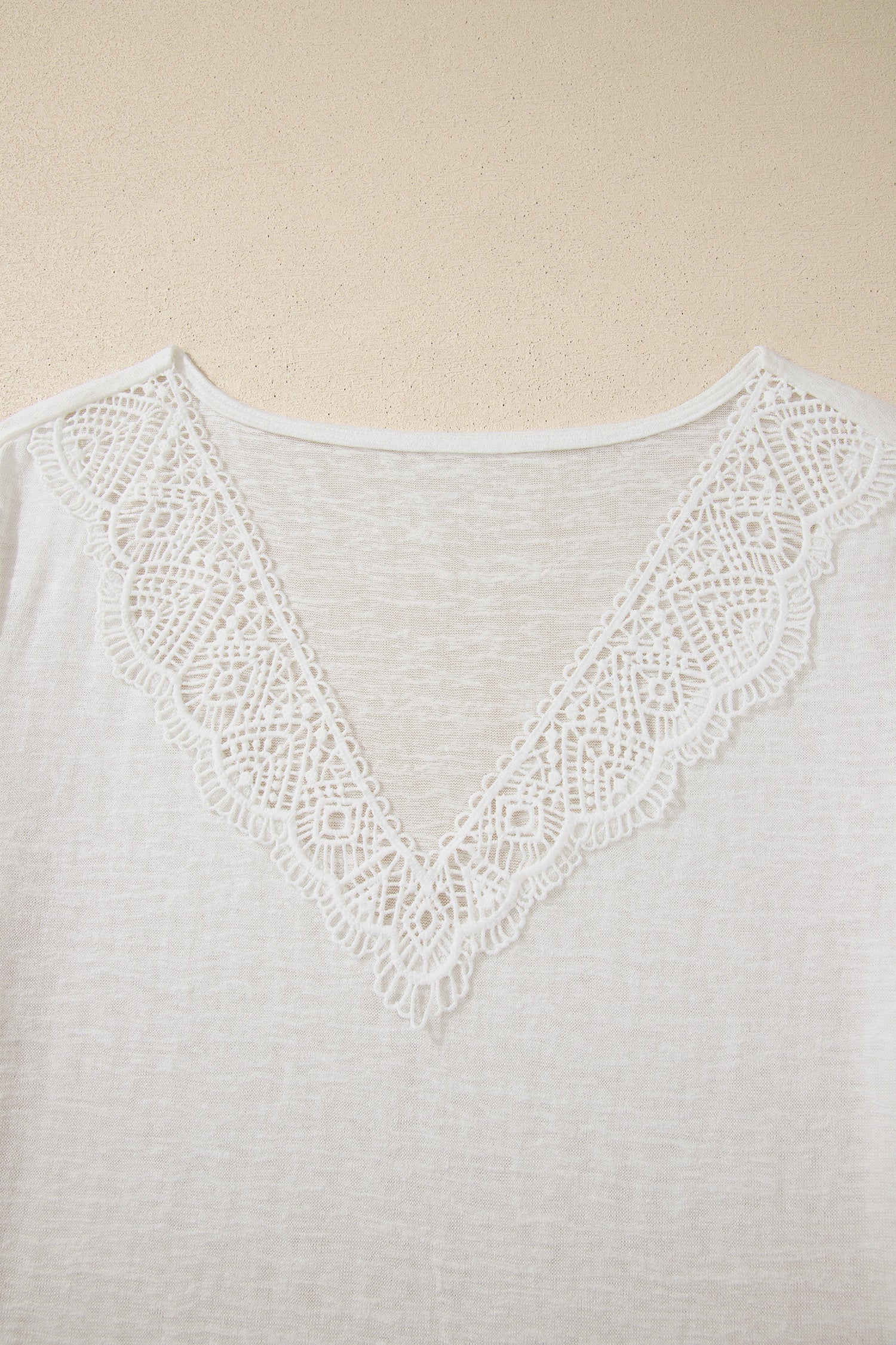 Solid Hollowed Lace Trim V-Neck T-Shirt